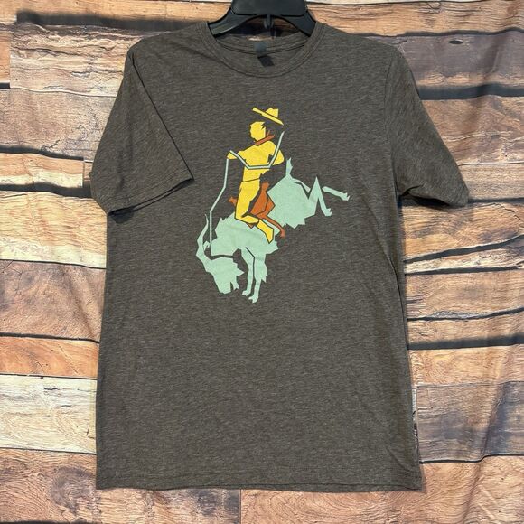 Western Cowboy Rodeo Bull Rider Medium Graphic Tee Shirt Brown Heather GOAT - Picture 1 of 8